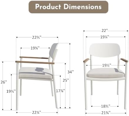 Modern Shade Luxury Outdoor Dining Chairs Set of 2, Fade Resistant, All-Aluminum Outdoor Chairs with FSC Teak Wood Armrests, Weather-Resistant Patio Chair with Quick Dry Cushion, White