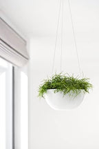 ecopots hanging brussels round planter, pure white, 10.5" showing dimensions