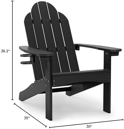 LUE BONA HDPS Outdoor Adirondack Chair, Cup Holder, Black | HDPS poly lumber, all-weather resistant, Low maintenance, built-in cup holder, 350 lbs capacity, for patio deck poolside