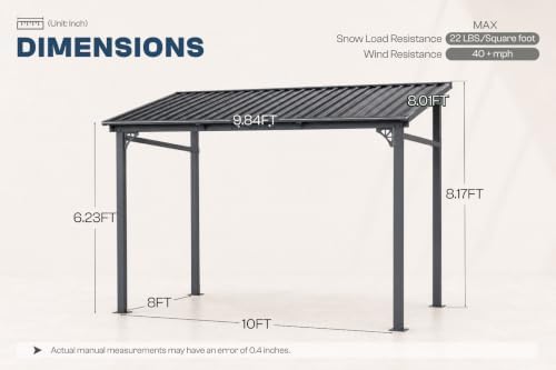 8x10 ft lean to gazebo, wall mounted hardtop, side view