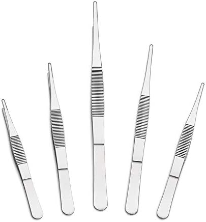 5-Piece Tweezer Set Long Metal Tongs Serrated Forceps - FEITA Stainless Steel Aquarium Plant Tweezers Kit Lab Terrarium Tools