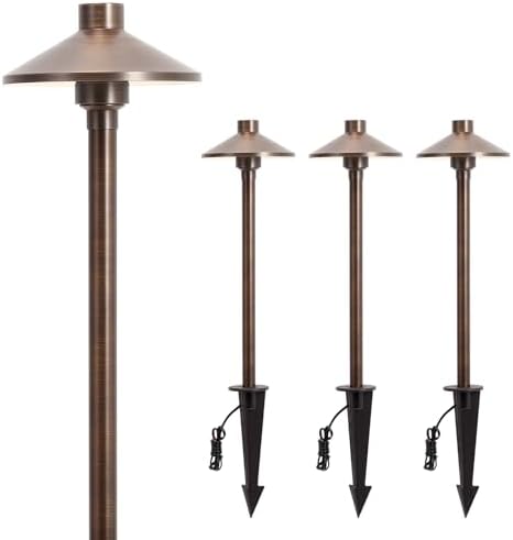 Solid Brass Low Voltage Landscape Pathway Lights (6.7'' Shade, 21.9'' Tall), 12V AC/DC Heavy Duty LED Path Lights Outdoor Wired, Antique Bronze Walkway Lights Without G4 Bulb, 4 Pack