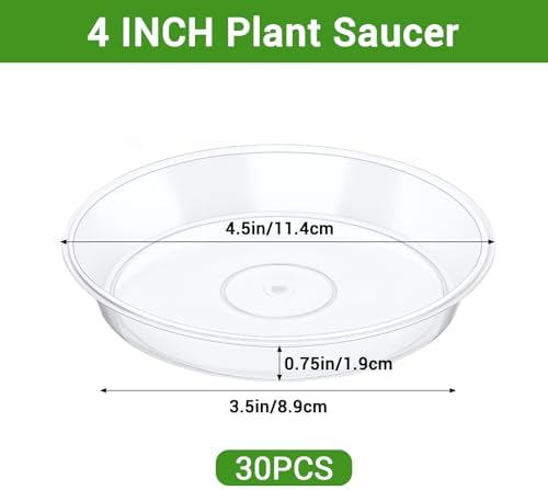 GREANER Plant Saucers for Indoors, 30 Packs Durable Plastic Plant Trays for Pots, Clear Plastic Flower Plant Pot Saucer for Indoor Outdoor Garden（4 Inch