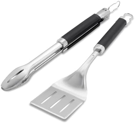 Weber® Precision Tongs & Spatula Grilling Tool Set, Stainless Steel | BBQ Tools with Hands‑Free Locking Tongs, 3‑Sided Beveled Spatula, Non‑Slip Soft‑Touch Handles - Grill Accessory Kit