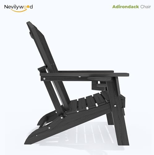 Folding Adirondack Chairs Set of 4, HDPE Cup Holders, Black | Patent pinless folding design, 380lbs, Extended backrest, Natural Wood Look, maintenance-free, All-Weather, Quick setup