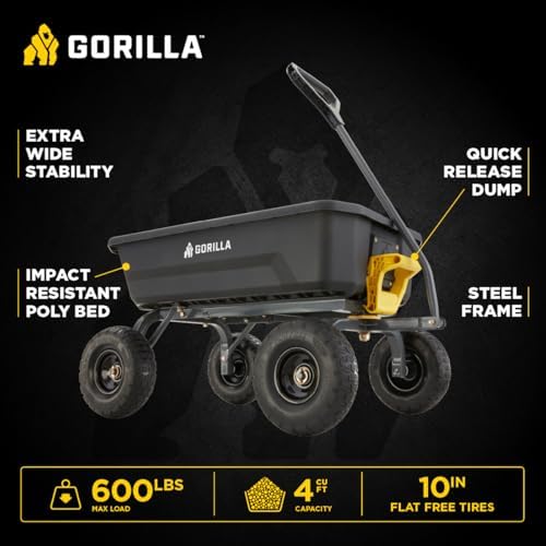 gorilla carts dump garden cart, 4 cu ft, side view