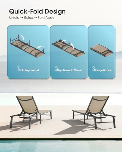 Foldable Outdoor Lounge Chair, No Assembly Patio Chaise Lounge Outdoor with 5-Positions, Aluminum Pool Lounge Chair with Portable Design for Pool, Beach, Deck, Backyard, Khaki