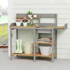 outdoor potting bench with sink, wood garden workstation, front angle view
