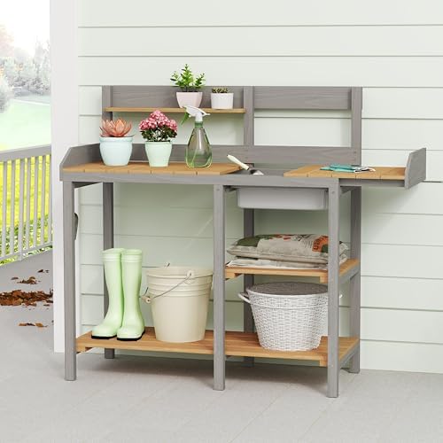 outdoor potting bench with sink, wood garden workstation, front angle view