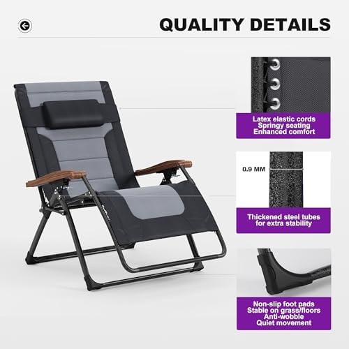 PURPLE LEAF Outdoor Reclining Chair Extra Wide Quilted Cushion, Black Grey | Adjustable pillow, Water-resistant oxford fabric, Reclining backrest, Woodgrain design, Aluminum grips, Light pearl anti-sag