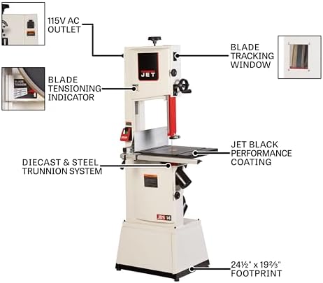 jet black 14" woodworking band saw, 1.75 hp on a desk or shelf