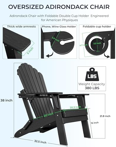 HDPE Folding Adirondack Chair with Dual Cup Holders, Black | Ergonomic High Back HDPE Fire Pit Chair, 380lbs Capacity All-Weather Outdoor Patio Lounge Chair for Garden, Deck, Yard