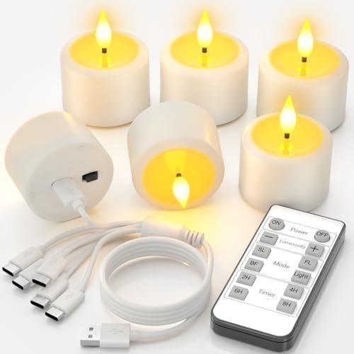 SoulBay Rechargeable Flameless Tea Lights, Up to 100H Runtime Flickering LED Votive Candles with Remote & Timer, 1.38" Warm White Fake Wax for Holiday Centerpieces & Home Decor, Set of 6