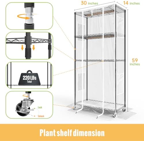 indoor greenhouse with grow light,4-tier plant shelf, 30x14x59in showing dimensions