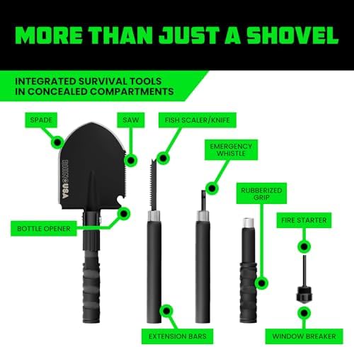 rhino usa survival shovel with pick - military showing dimensions