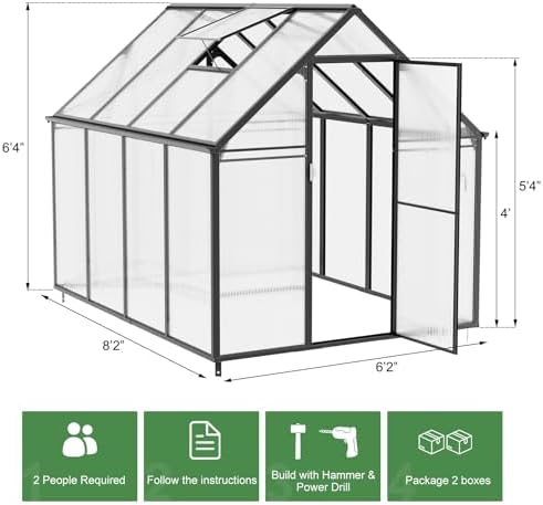polycarbonate greenhouse kit,8x6x6 ft outsides heavy duty green, front angle view