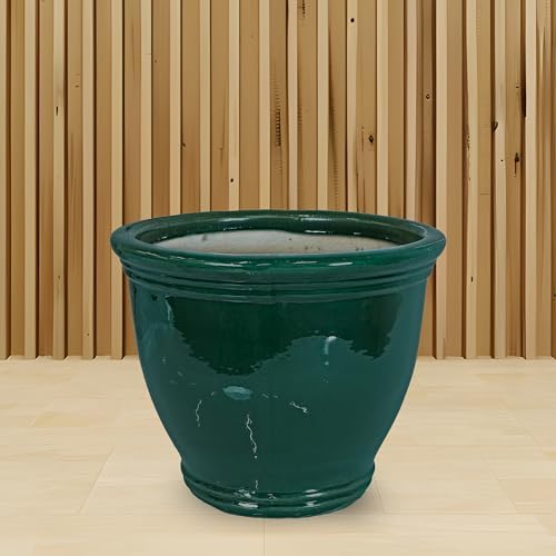 sunnydaze studio 15" round ceramic planter, dark green, view 9
