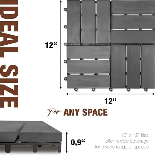 acacia interlocking deck tiles, 12in, 9pcs outdoor flooring showing dimensions
