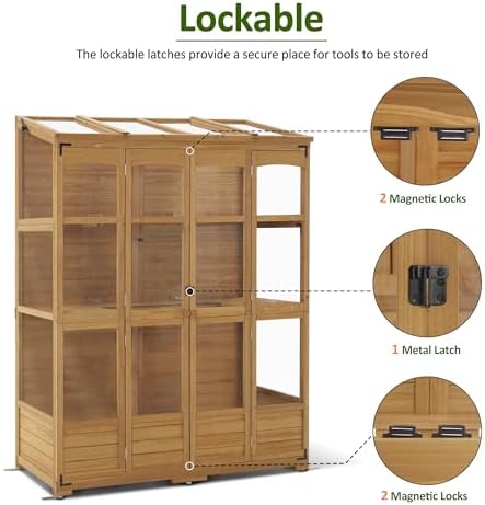 mcombo wooden walk-in greenhouse, open roof & lockable, front angle view