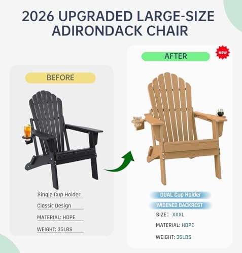 Outdoor HDPE Folding Adirondack Chair Set of 4, High Back Wide Seat Patio Chair with Cup Holders, All-Weather Fire Pit Chair for Garden,Lawn,Poolside, Teak
