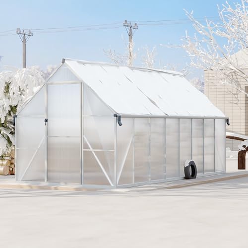 8'x16' aluminum-framed polycarbonate greenhouse, heavy duty polycarbonate greenhouse, front angle view