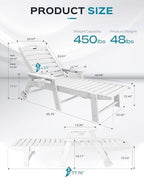 Lounge Chair Outdoor Set of 4, Oversized Chaise Lounge Chair with 5 Positions, HDPE, Patio Lounge Chairs with Wheels & Cup Holder for Lawn, Pool, Deck, Poolside, White