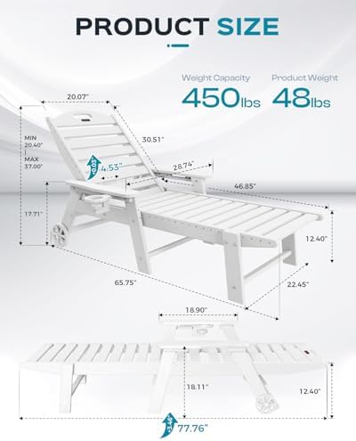 Lounge Chair Outdoor Set of 4, Oversized Chaise Lounge Chair with 5 Positions, HDPE, Patio Lounge Chairs with Wheels & Cup Holder for Lawn, Pool, Deck, Poolside, White