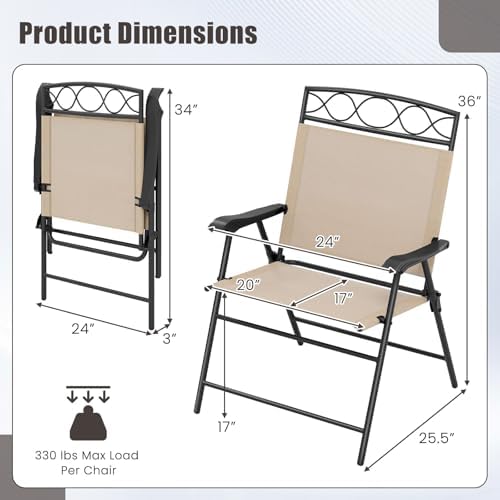 GIANTEX Set of 4 Patio Folding Chairs, Outdoor Dining Chairs for Camping, Beach, Backyard, Deck, Portable Dining Chair w/Armrest and Metal Frame, Beige