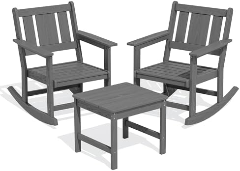 SERWALL 3-Piece Patio Furniture Set with 2 Rocking Chairs & Table, Grey | All-Weather HDPE Bistro Set: Includes rocking chairs and table with umbrella hole for cozy outdoor leisure and relaxation.