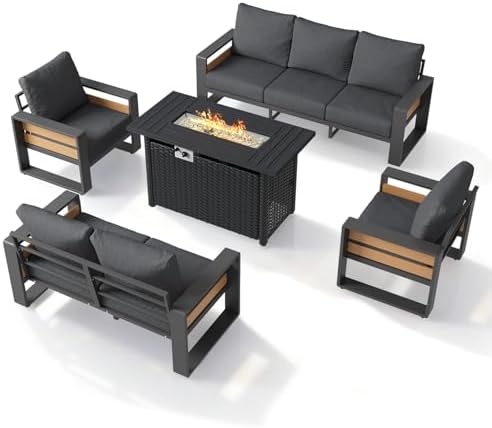 aoxun aluminum patio furniture set with fire pit showing dimensions