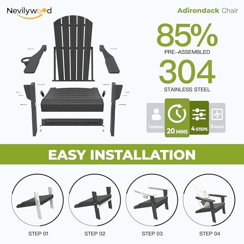 Folding Adirondack Chairs Set of 4, HDPE Cup Holders, Black | Patent pinless folding design, 380lbs, Extended backrest, Natural Wood Look, maintenance-free, All-Weather, Quick setup