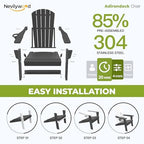 Folding Adirondack Chairs Set of 4, HDPE Cup Holders, Black | Patent pinless folding design, 380lbs, Extended backrest, Natural Wood Look, maintenance-free, All-Weather, Quick setup