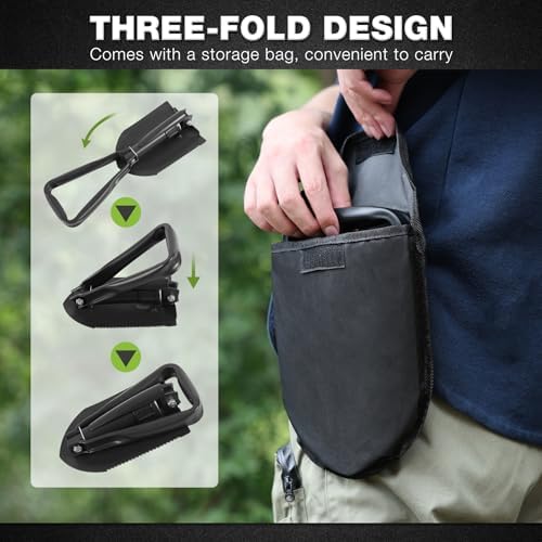 redcamp 23" military folding camping shovel, tri-fold survival showing dimensions