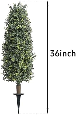 36" artificial boxwood topiary trees with ground spike shown in use
