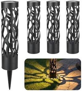 Home Zone Living Secure Solar Bollard Pathway Lights, 4-Pack, Black, 4"x16" | Light Effect, Dusk-to-Dawn, Metal, Warm LED, 4" x16", Outdoor, Garden, Yard, Patio, Walkway, Driveway, Backyard, Porch