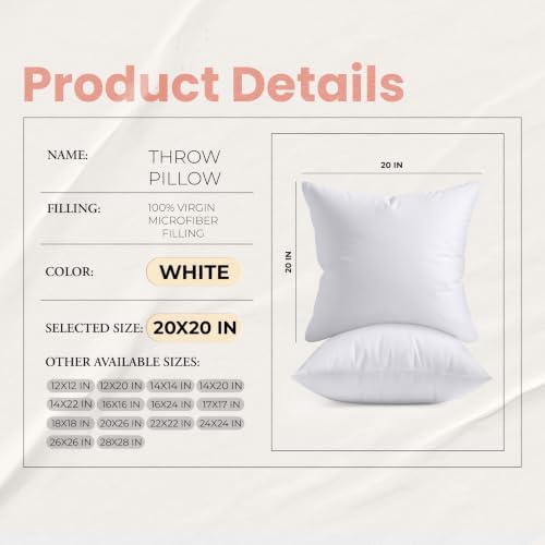 utopia bedding 20x20 pillow inserts, white throw pillows, front angle view