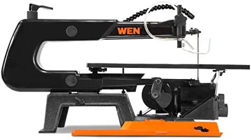 wen variable speed scroll saw, 16-inch with work, side view