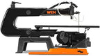 wen variable speed scroll saw, 16-inch with work, side view