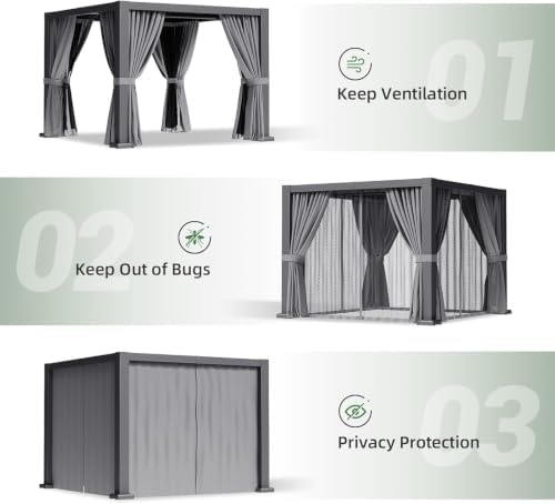 aoxun louvered pergola 10x12 all-aluminum, waterproof curtains and, side view