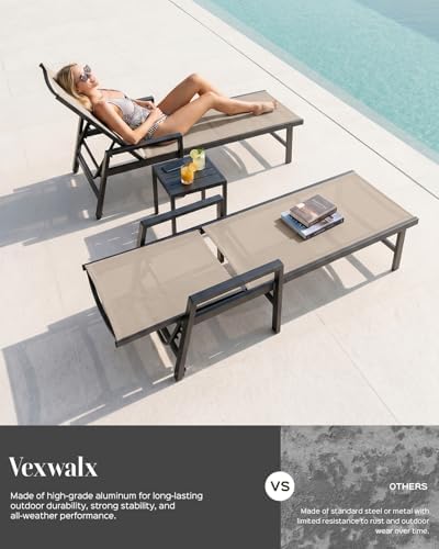 Patio Chaise Lounge Chair Outdoor with Wheels&Armrests, Aluminum Pool Lounge Chairs Set of 2 Five-Position Adjustable Recliner, Outdoor Beach Lounge Chairs for Outside, Patio, Deck, Yard, Khaki