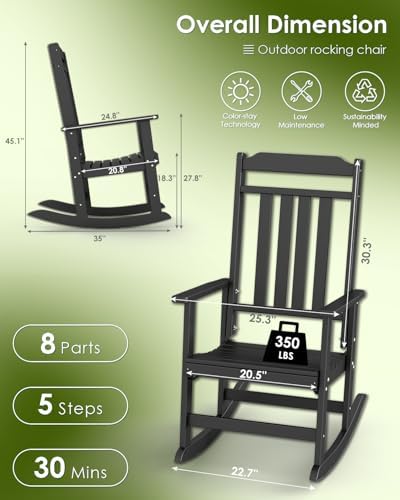 GREENVINES Classic Outdoor-Rocking-Chairs-Set-of-2, HDPE Rocker, Black | 30.3" High Back | All Weather Porch Chairs Plastic | Heavy Duty | 20.5" Wide Seat | Big & Tall | for Patio Balcony Deck