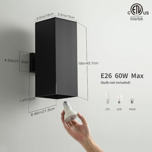 mirrea 18" Modern Outdoor Porch Light in 2 Lights, Matte Black, 2 Pack | Patio wall sconce, aluminum rectangular tube, tempered glass, waterproof. Up & down lighting for outdoor wall mount fixture.