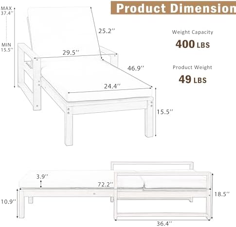 vilrocaz outdoor acacia wood chaise lounges with 6-position, side view