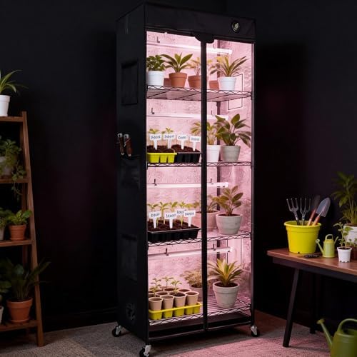 worth mini greenhouse with 18w t8 grow lights, front angle view
