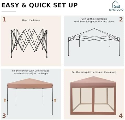 mfstudio 10x10 pop up canopy tent with netting showing dimensions