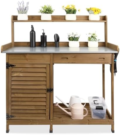 ketive outdoor potting bench with storage, 41-inch metal, front angle view