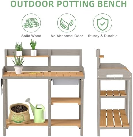 outdoor potting bench with sink, wood garden workstation, side view