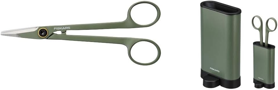 Fiskars Urban Plant Care Small Shears with Holder | For fine cuts on indoor plants, total length 17 cm, stainless steel/plastic, dark green/black, 1075315