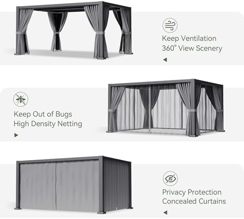 aoxun louvered pergola 12' x16' full-aluminum outdoor gazebo showing dimensions