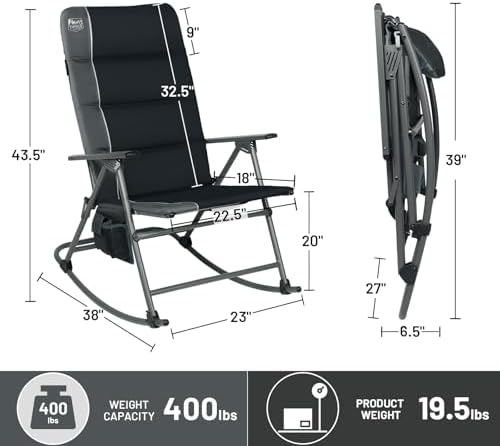 Timber Ridge Oversized Folding Rocking Camping Chair, Padded Outdoor Rocker with High Back, Portable Outdoor Chair for Patio, Garden, Lawn, Supports up to 400 lbs, Black | Foldable Padded Outdoor Rocker with High Back, Portable Outdoor Chair for Patio
